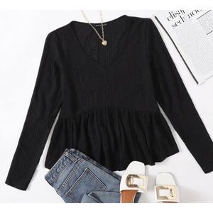 Shein Plus Black V-Neck Ruffle Hem Knitted Tee